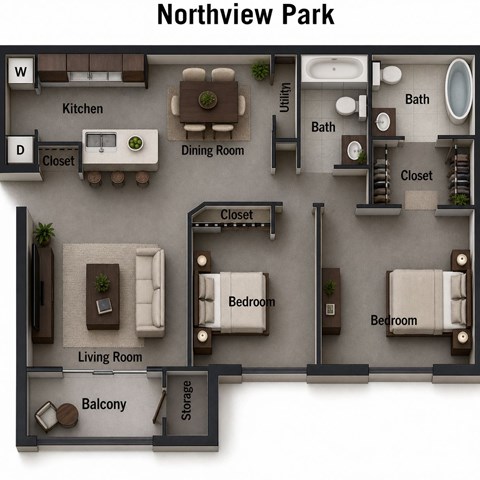Floor plan for 2 beds, 2 baths, 942 sqft